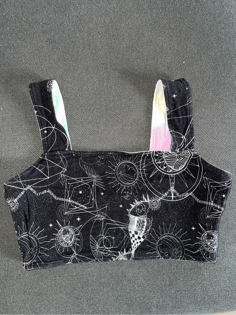 Women's Double Sided Tank Crop Top. Black Celestial Print | Colorful Aura Print